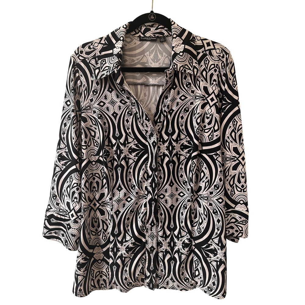 Essentials By Milano Woman 1X Black White Geometric Tribal 3/4 Sleeve Blouse